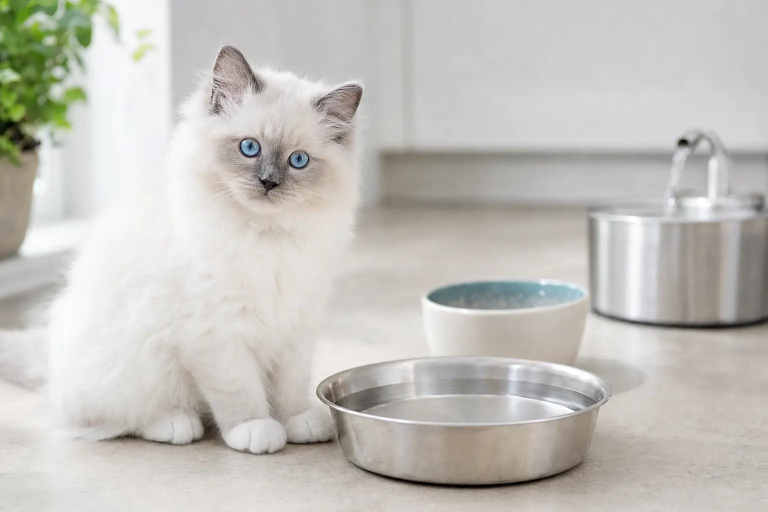 White Ragdoll kitten with blue eyes beside a stainless steel water bowl