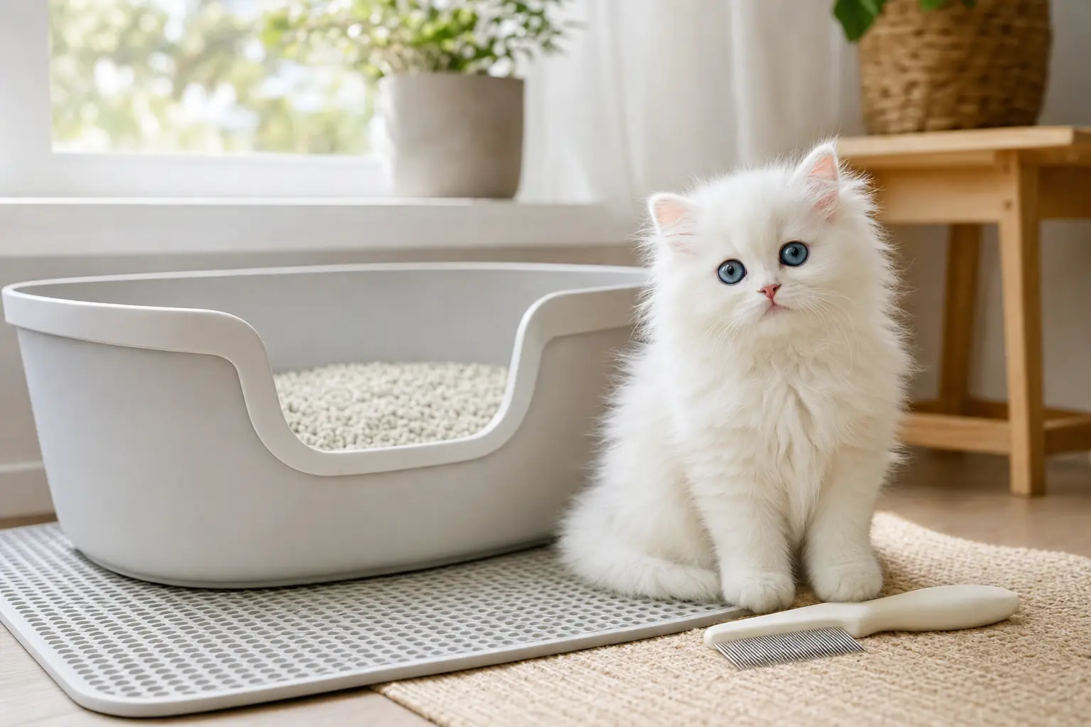 White Persian kitten with blue eyes beside a low-entry litter box