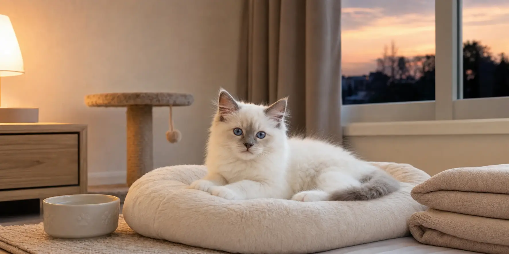 Blue-eyed Ragdoll kitten with white fur relaxing on a bed during a calm bedtime routine