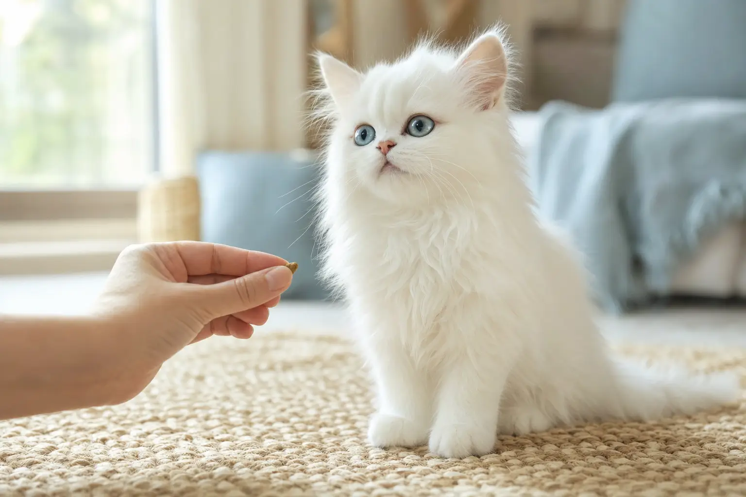 White Persian kitten with blue eyes learning to respond to its name