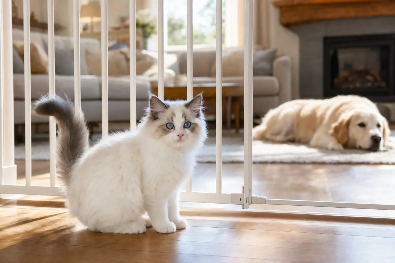 Blue-eyed white Ragdoll kitten with a relaxed upright tail observing a calm dog through a baby gate