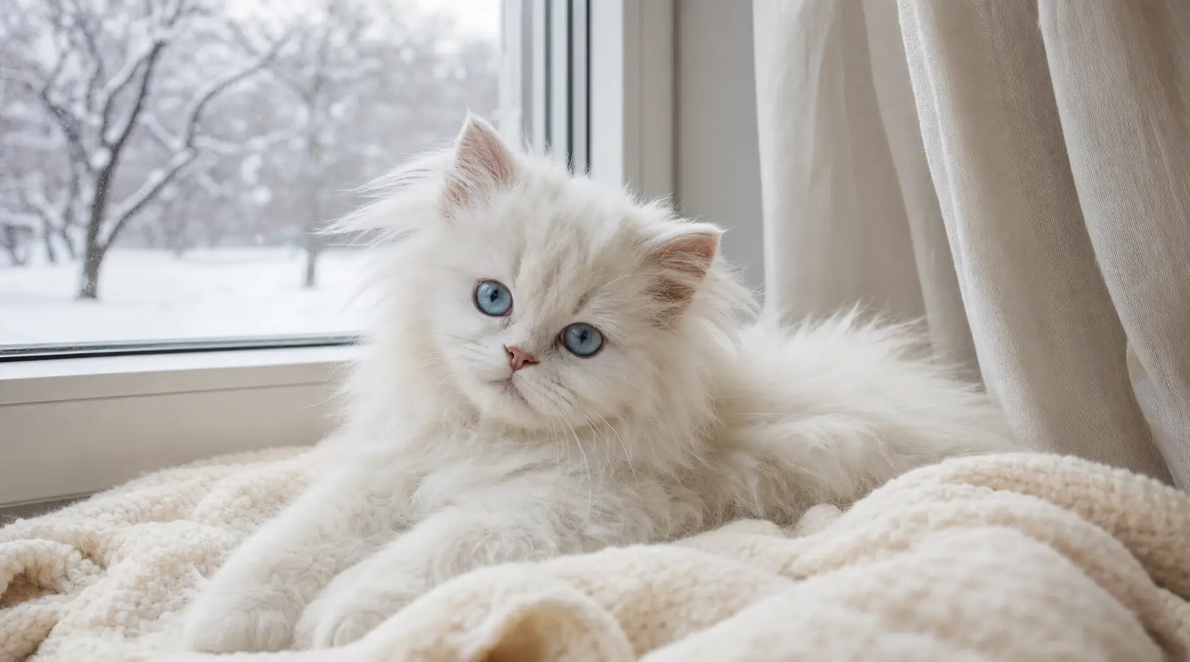 White Persian kitten with blue eyes relaxing on a safe cozy winter window seat