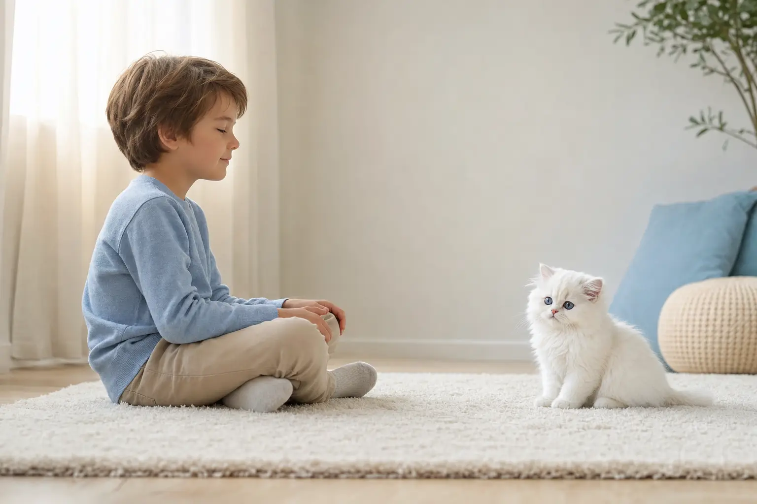 Child practicing a gentle slow blink with a white Persian kitten with blue eyes