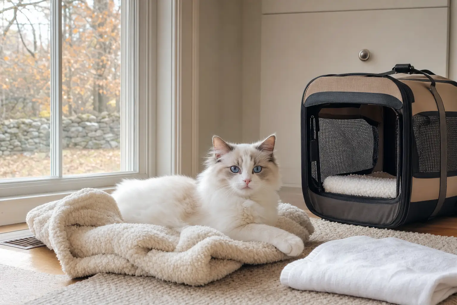 Blue-eyed white Ragdoll kitten resting near a scent-swap cloth after a veterinary visit