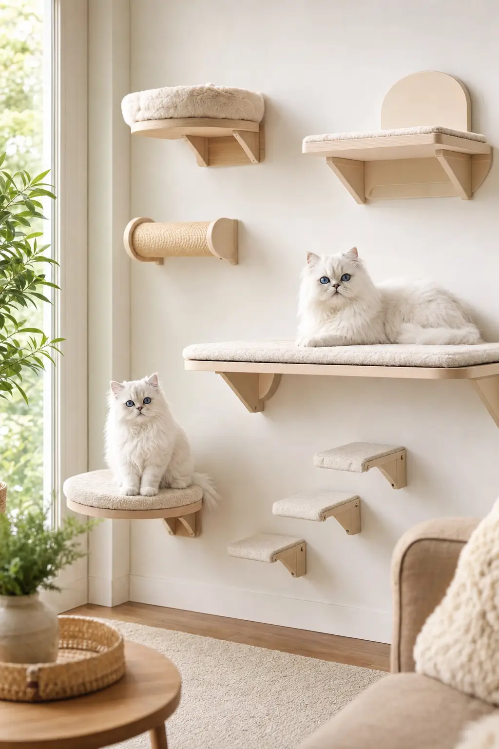 Two white Persian kittens with blue eyes resting on separate safe wall shelves