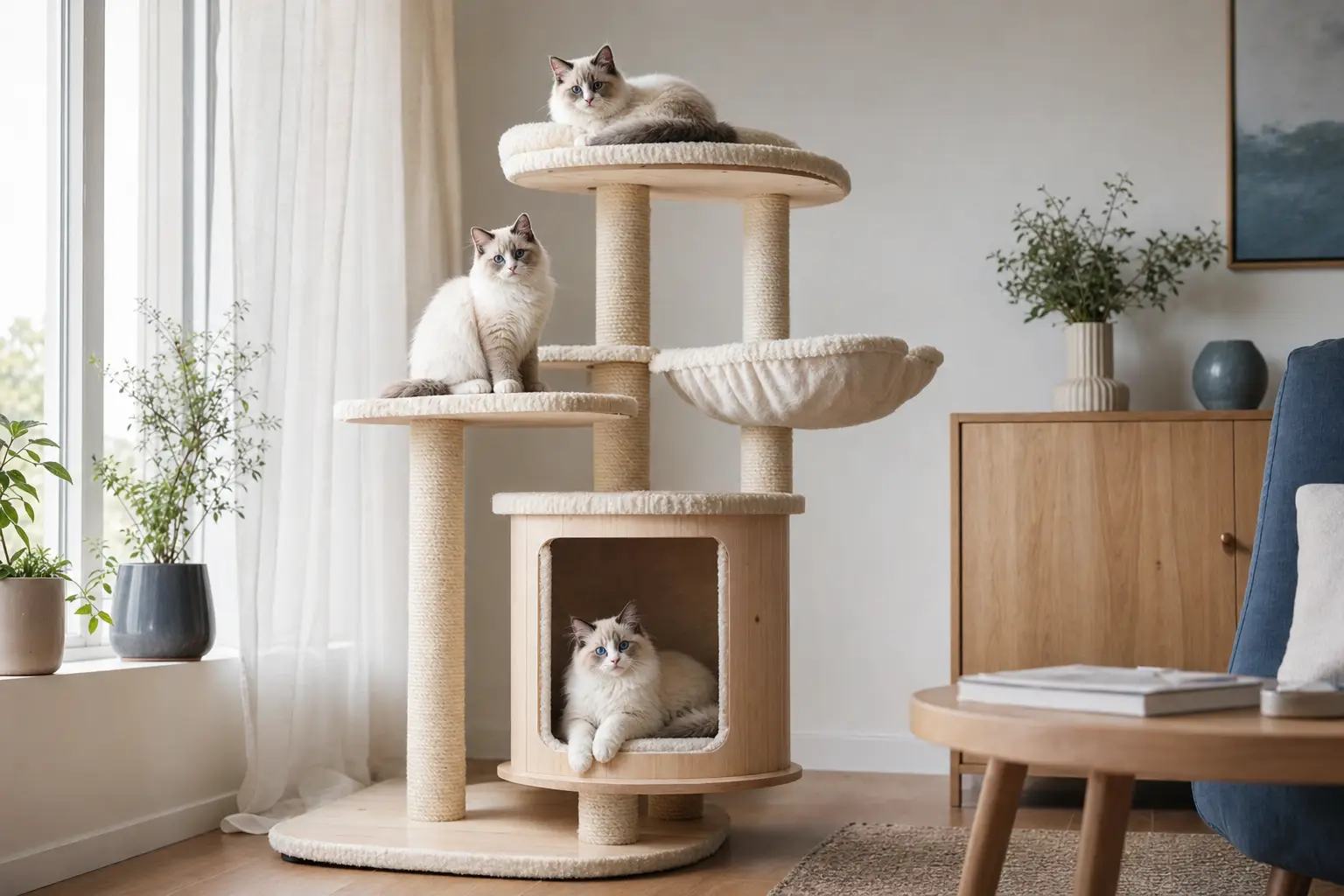Ragdoll kittens with blue eyes resting on an elegant cat tree in soft natural light