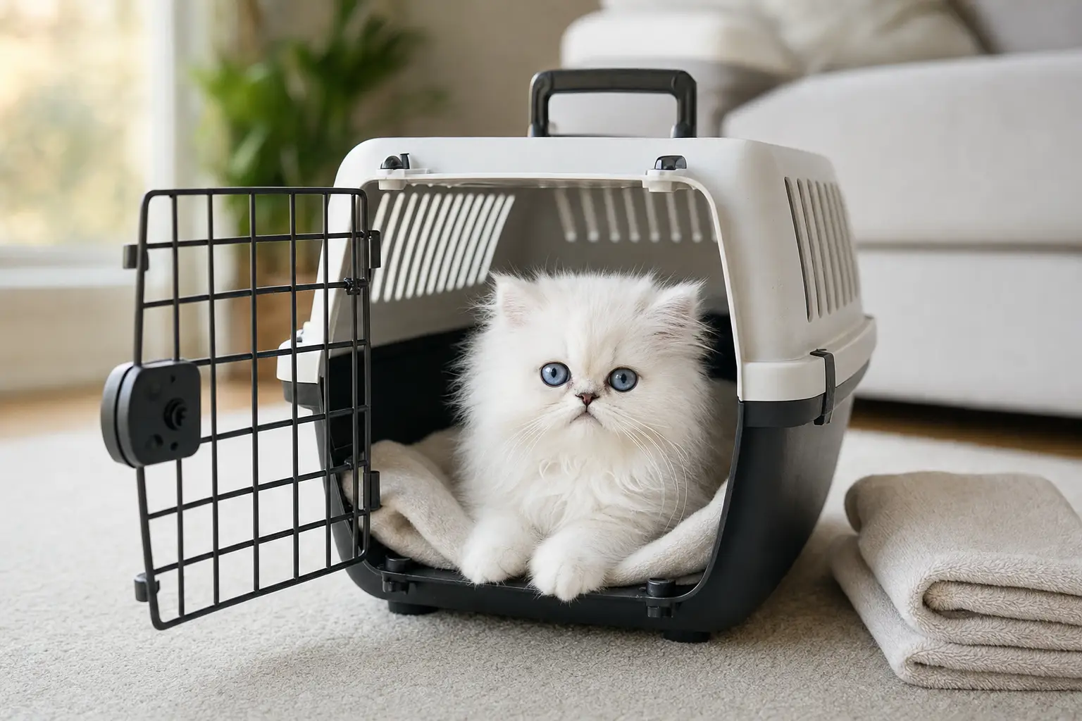 White Persian kitten with blue eyes relaxing in an open carrier lined with familiar bedding