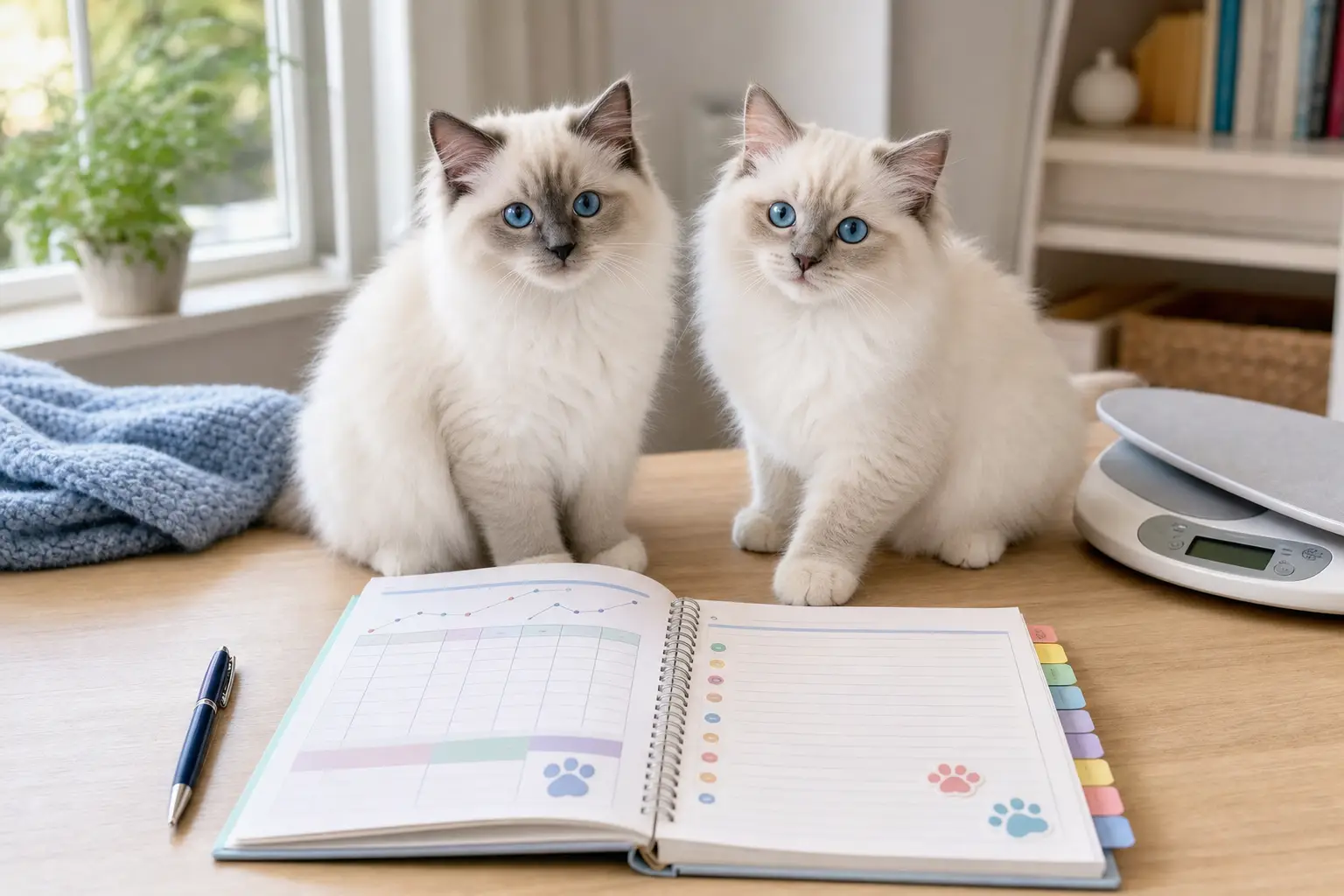 Two blue-eyed white Ragdoll kittens beside a color-coded kitten health notebook