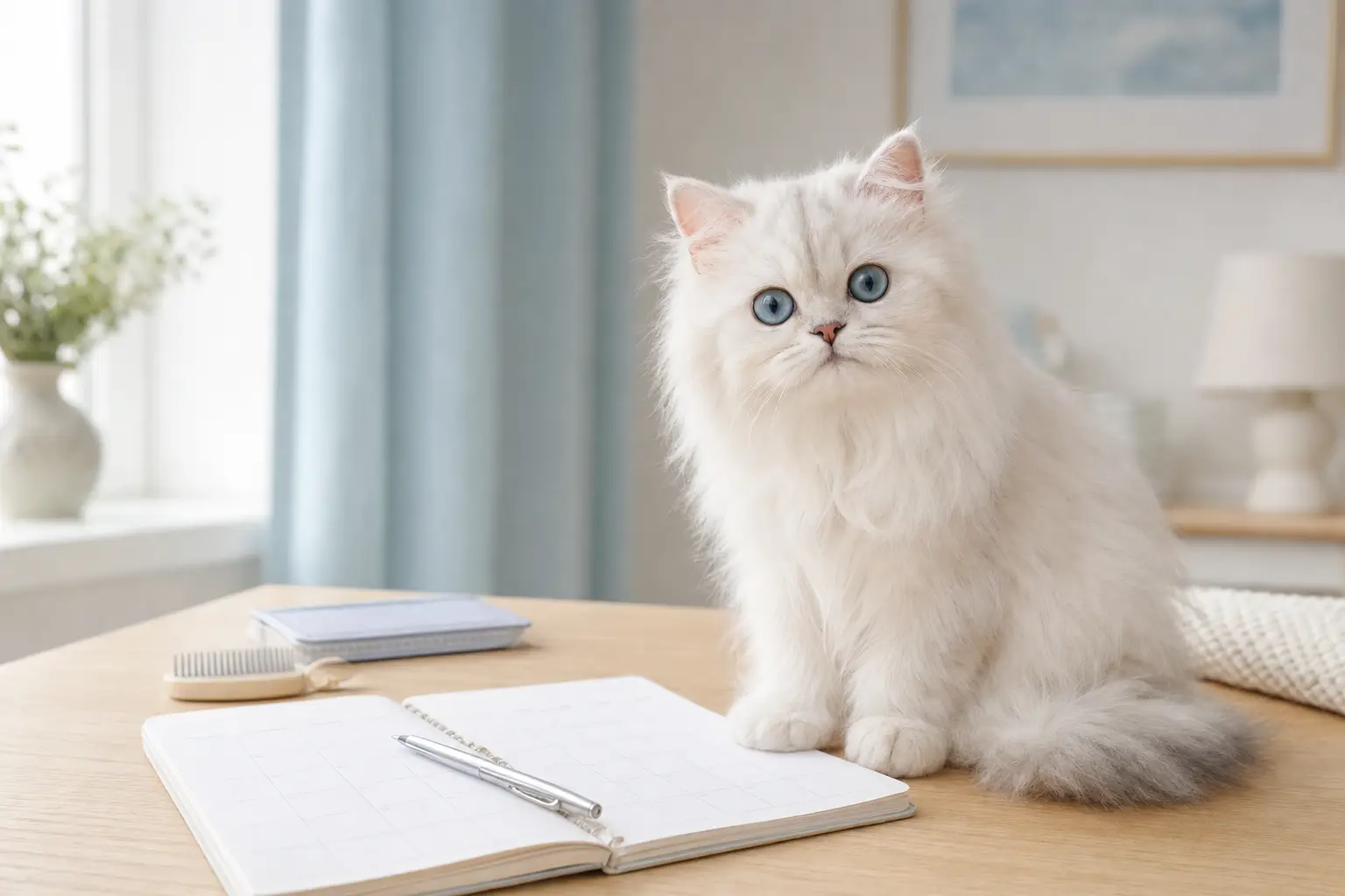 Healthy white Persian kitten with blue eyes beside a simple wellness calendar