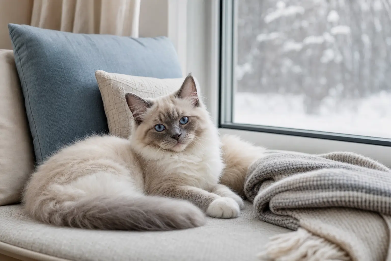 Blue-eyed Ragdoll kitten with white fur resting on a cozy winter window seat