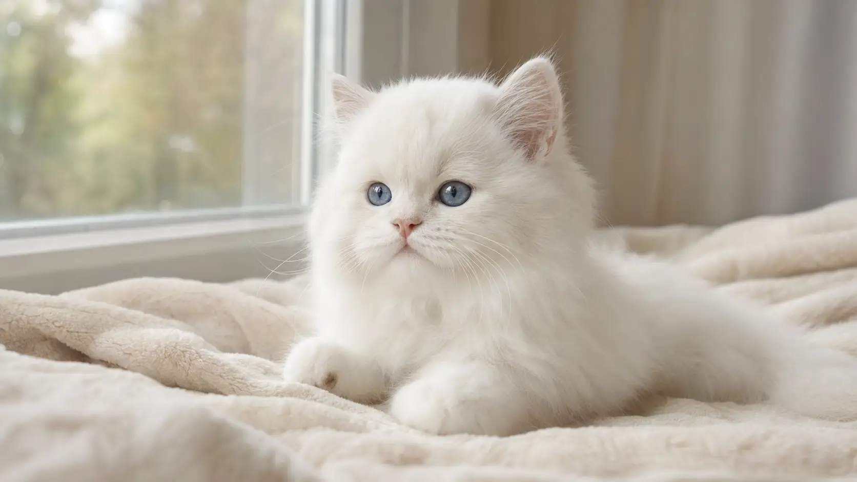 White Persian kitten with blue eyes giving a slow blink in soft window light