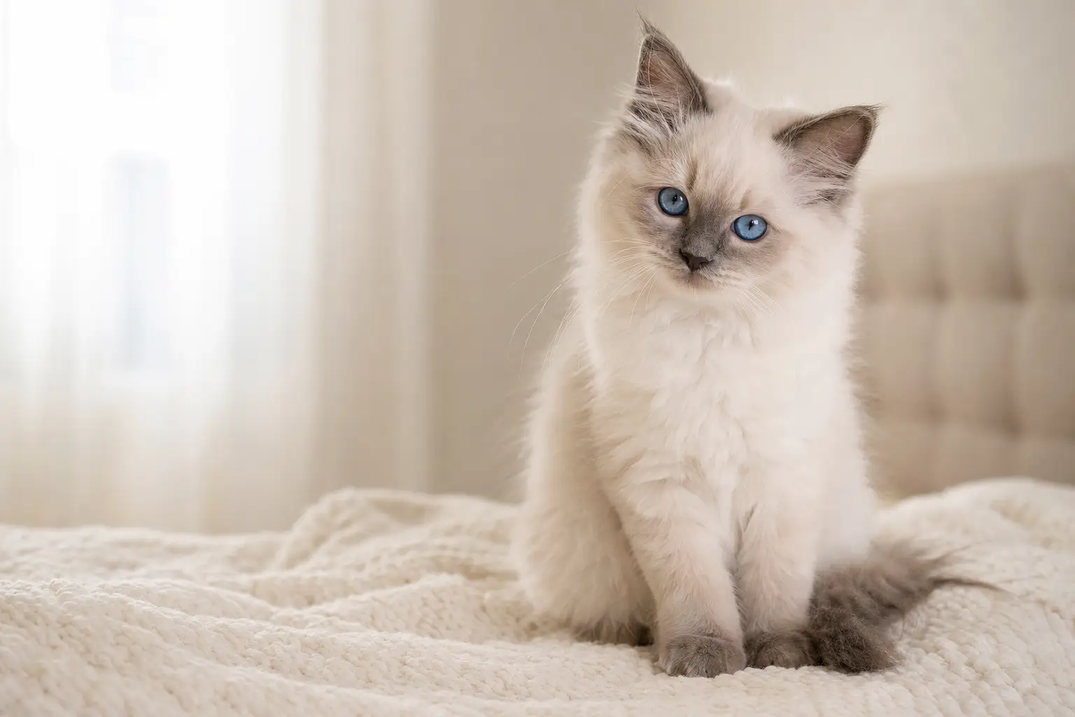 Blue-eyed Ragdoll kitten with mostly white fur and softly developing darker points
