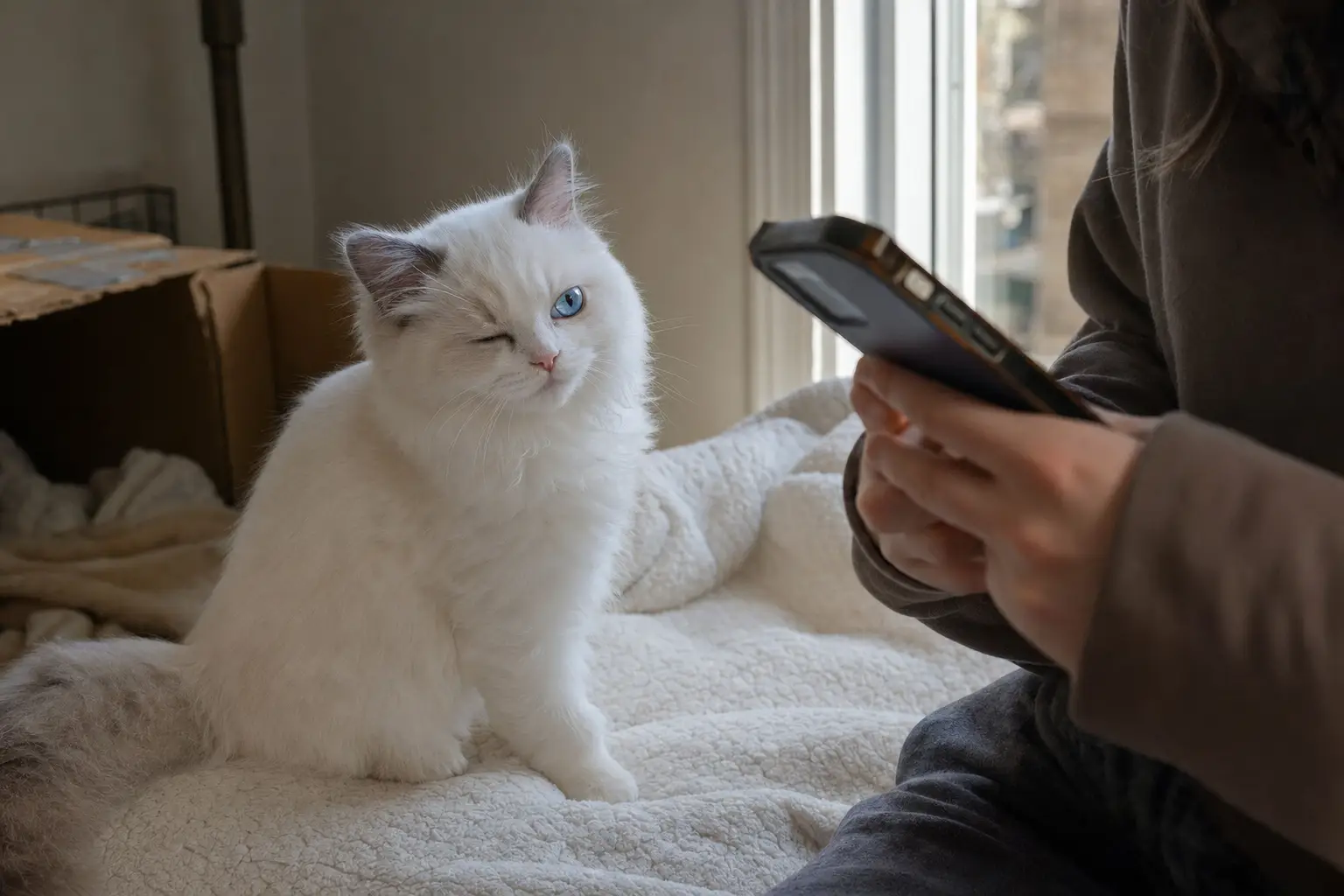 Blue-eyed Ragdoll kitten with pale white fur giving a slow blink beside a window in a small home