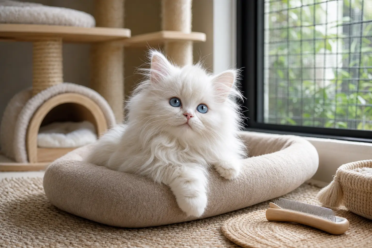 White Persian kitten with blue eyes resting in a safe, enriched indoor home