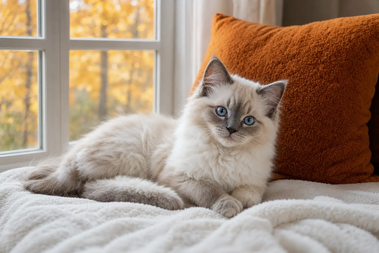 Blue-eyed white and cream Ragdoll kitten relaxing in a cozy Connecticut home during autumn