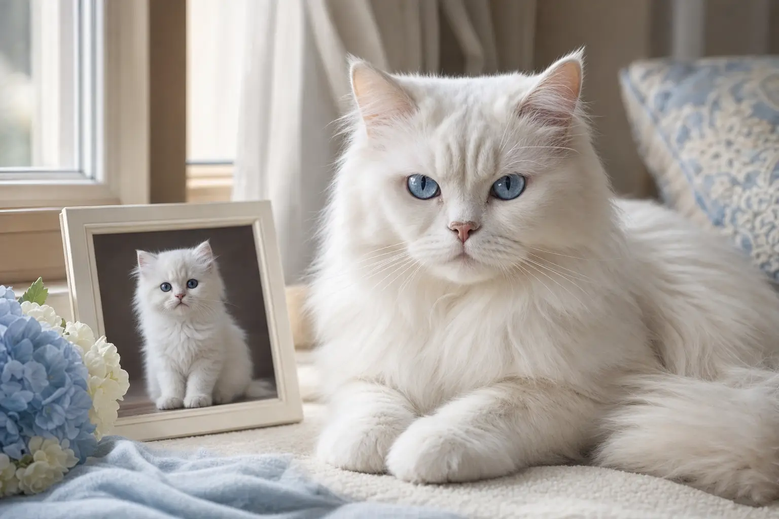 White Persian cat with blue eyes beside a childhood photo card