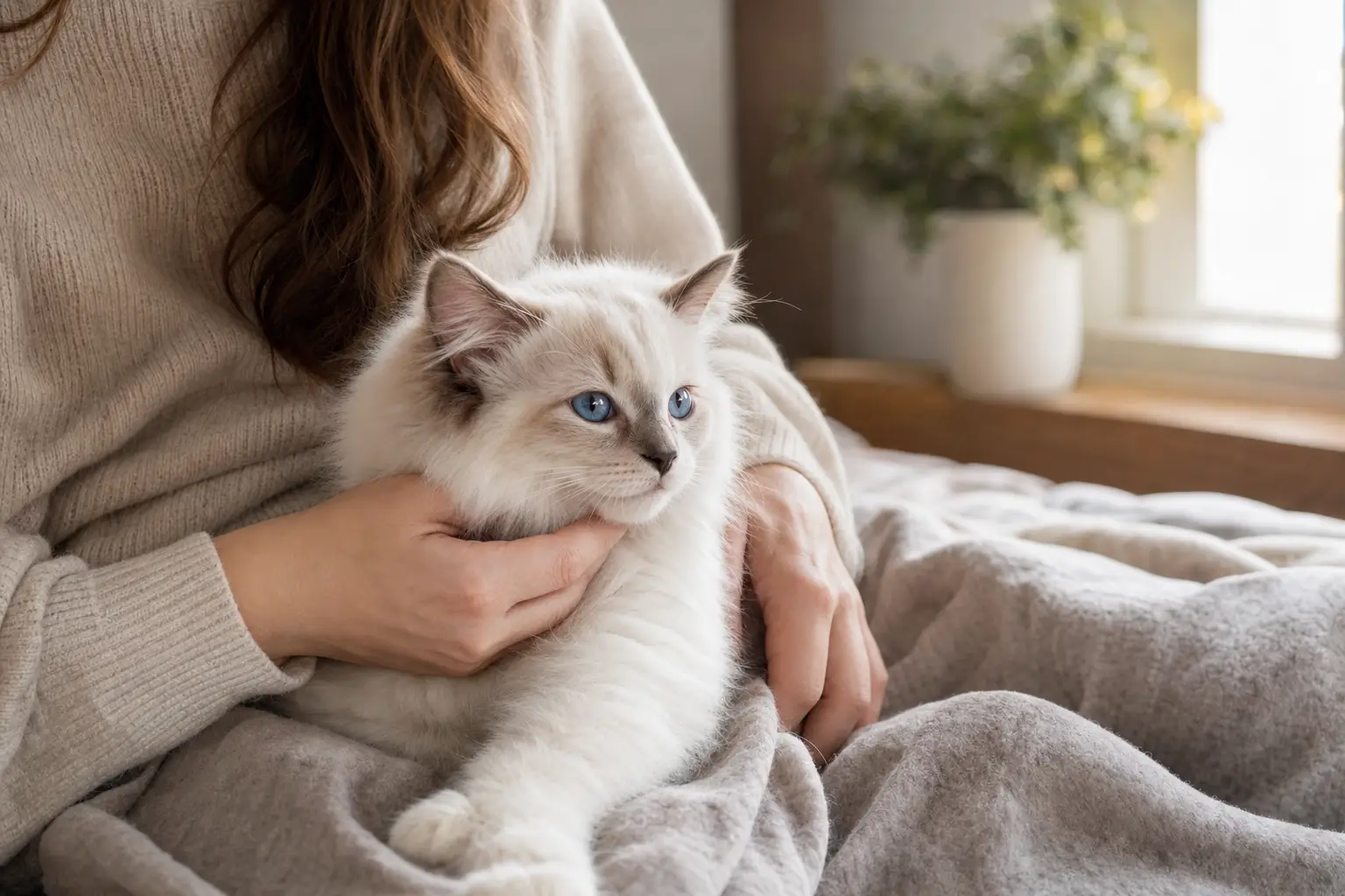 Blue-eyed Ragdoll kitten with white fur relaxing beside a person during a morning cuddle ritual