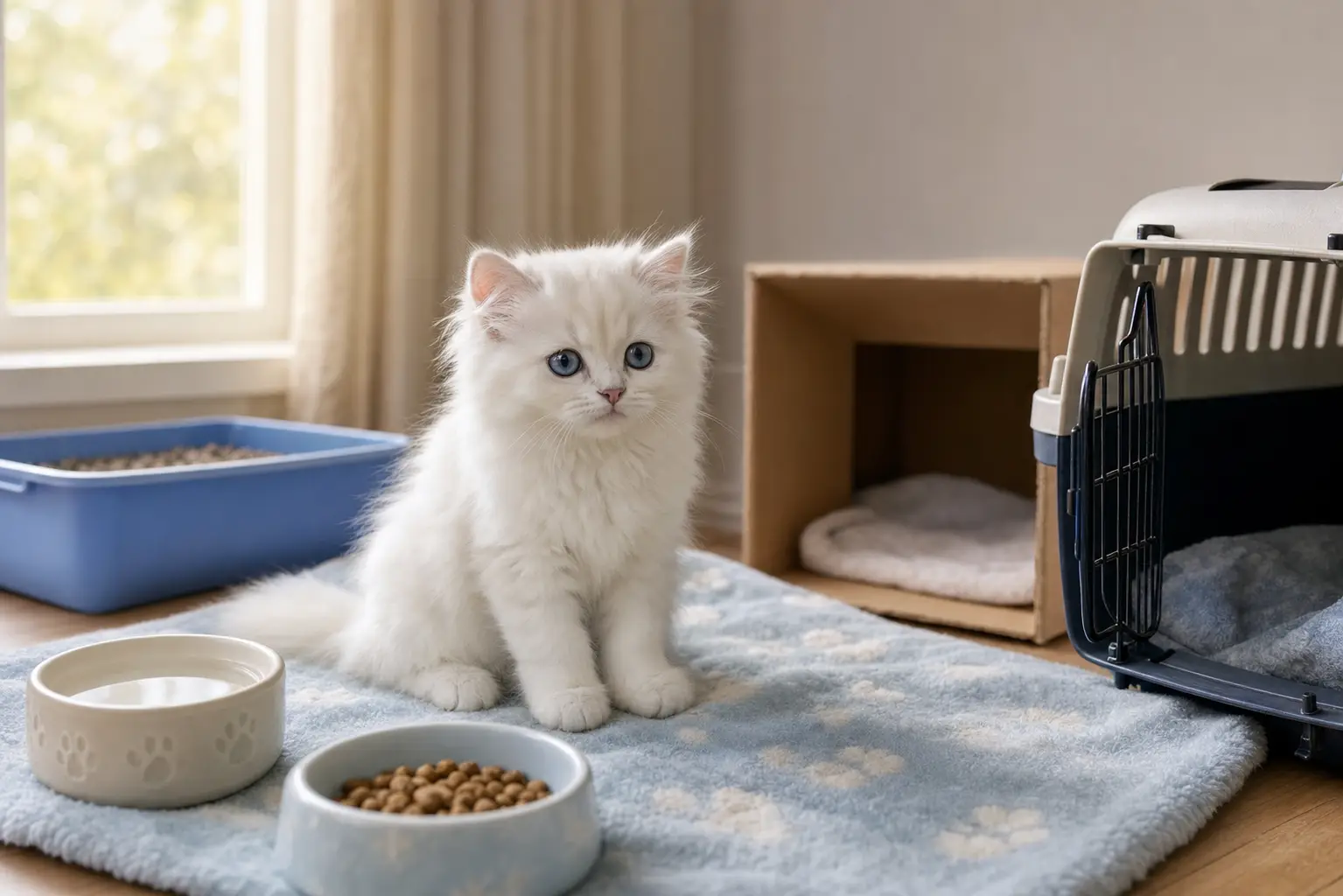 White Persian kitten with blue eyes in a prepared safe room beside its carrier