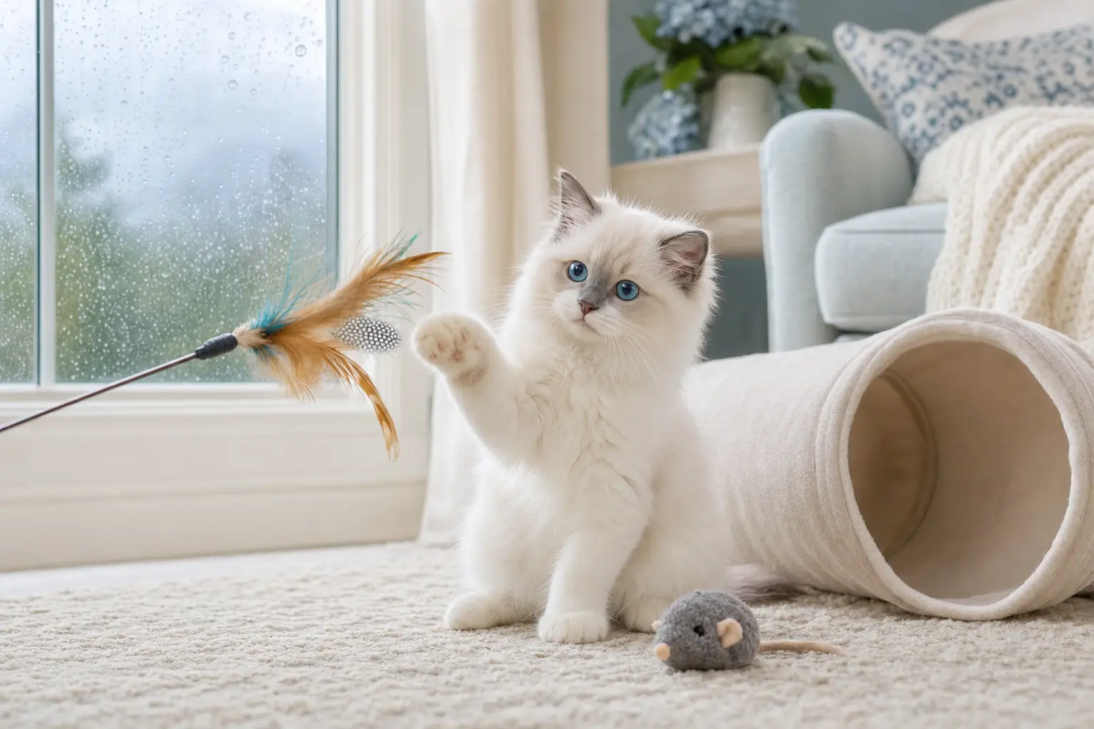 Blue-eyed white Ragdoll kitten playing with toys beside a tunnel on a rainy day