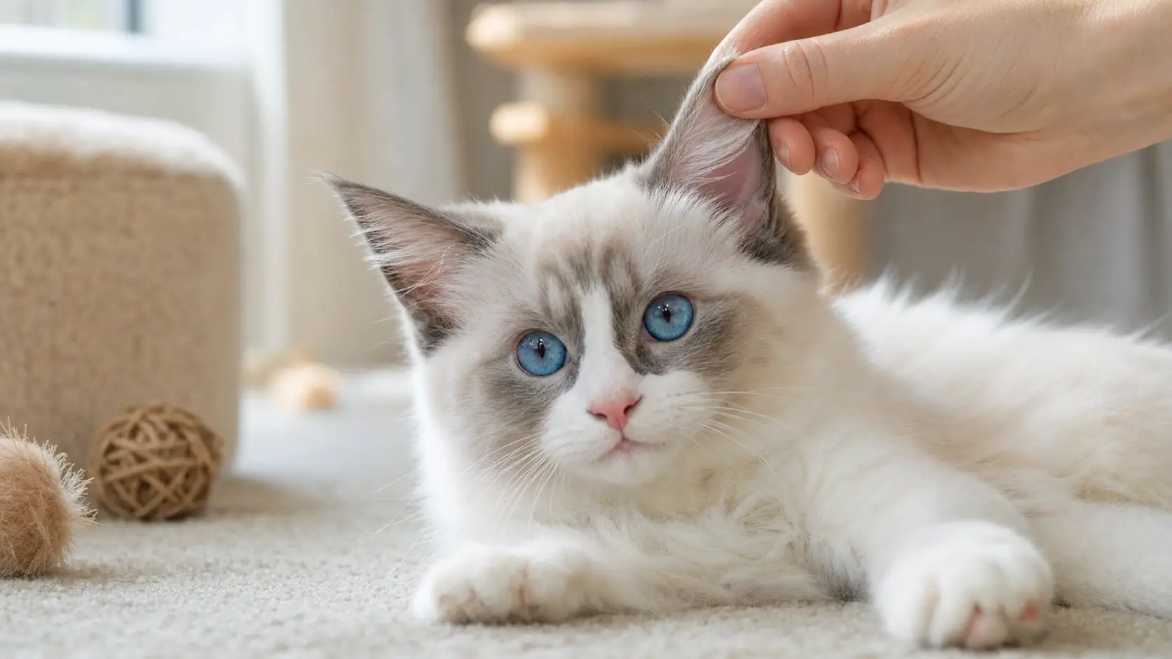 White Ragdoll kitten with blue eyes relaxing while a hand gently checks the outer ear