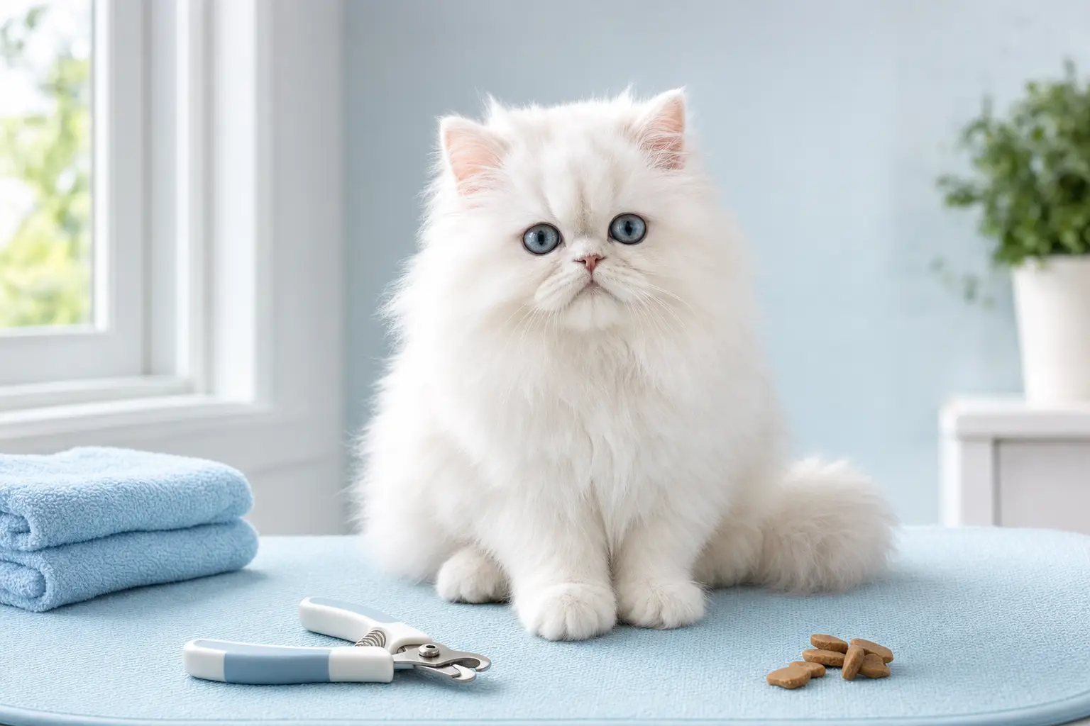 White Persian kitten with blue eyes beside a small nail clipper on a grooming mat