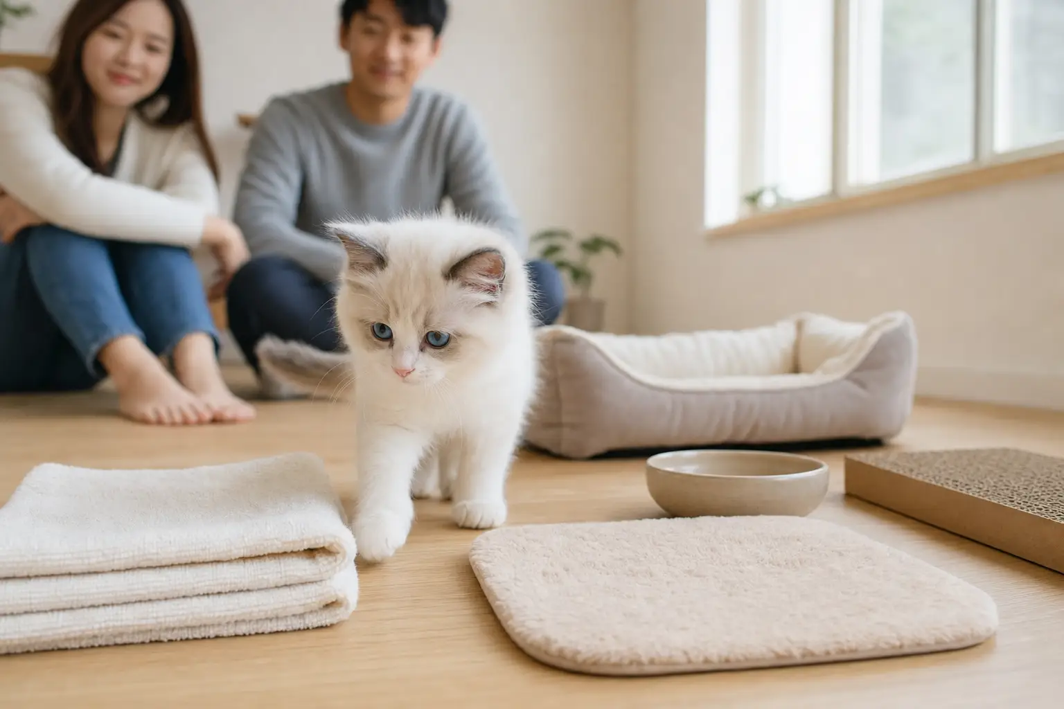 White Ragdoll kitten with blue eyes choosing between soft cotton and fleece textures