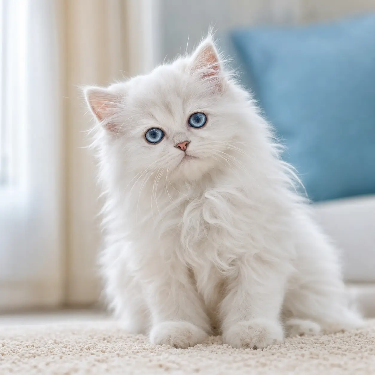 White Persian kitten with vivid blue eyes and a long, softly groomed coat