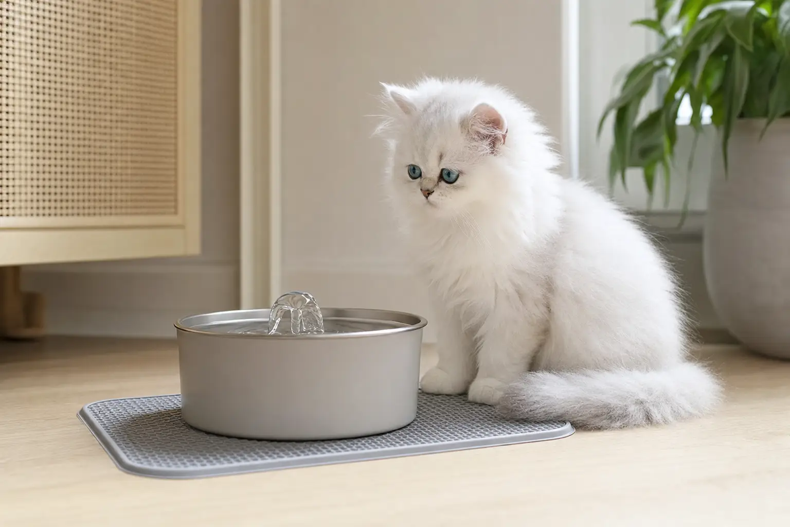 White Persian kitten with blue eyes beside a simple water fountain in a quiet corner