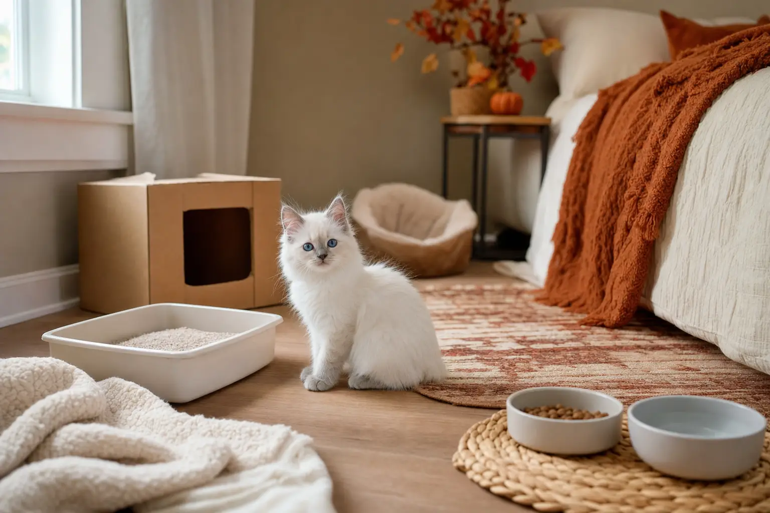 Blue-eyed white Ragdoll kitten beside a litter box in a cozy autumn safe room
