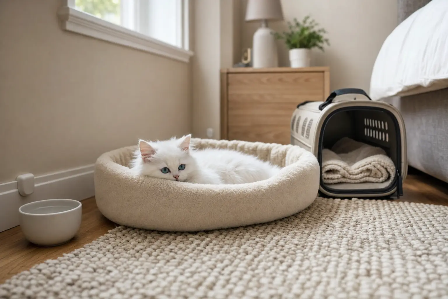 White Persian kitten with blue eyes resting in a safe sleeping nook