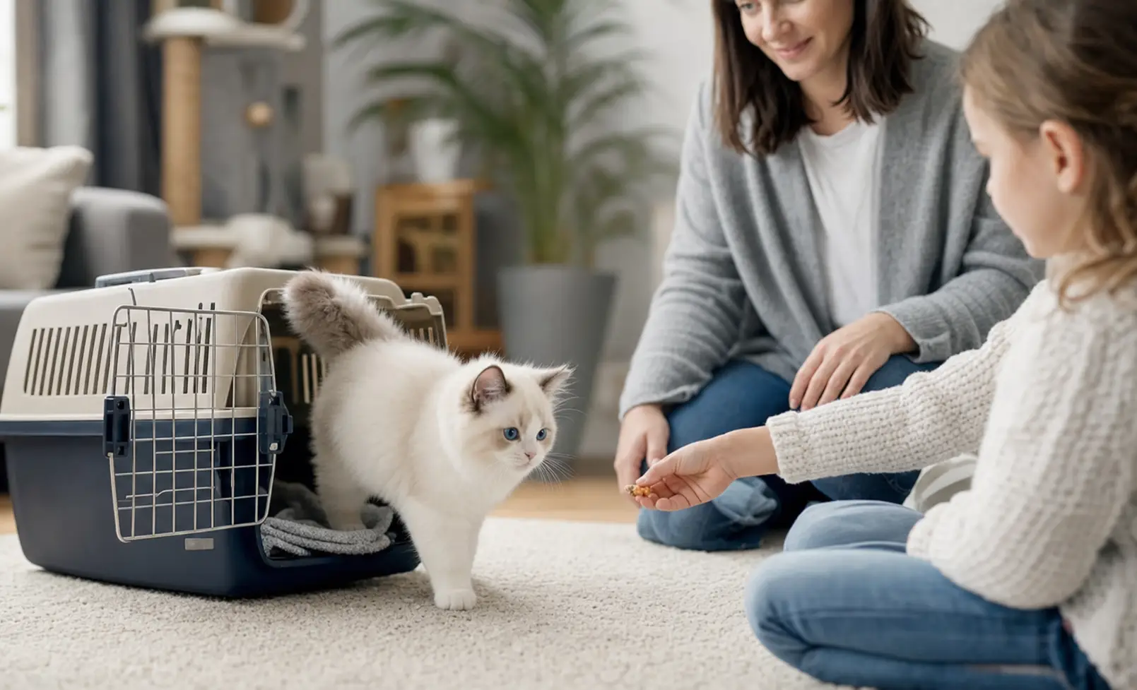 Blue-eyed white Ragdoll kitten calmly entering a carrier while a child watches