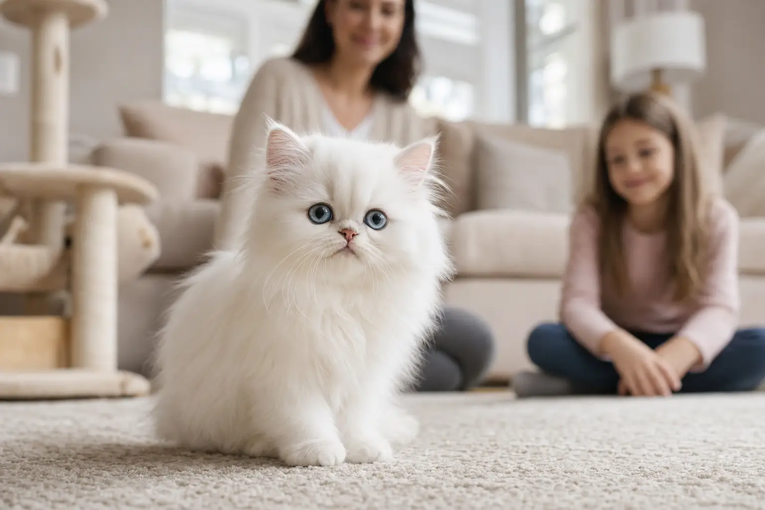 White Persian kitten with blue eyes and gently forward ears during calm family time