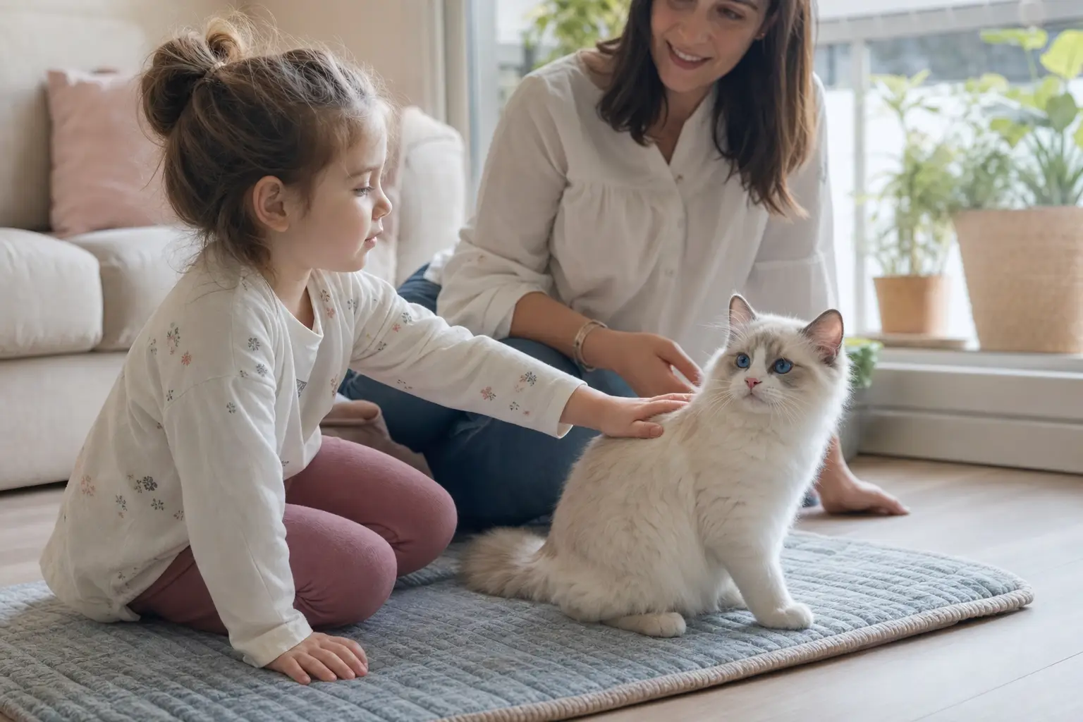 Blue-eyed white Ragdoll kitten beside a preschooler practicing gentle petting with adult supervision