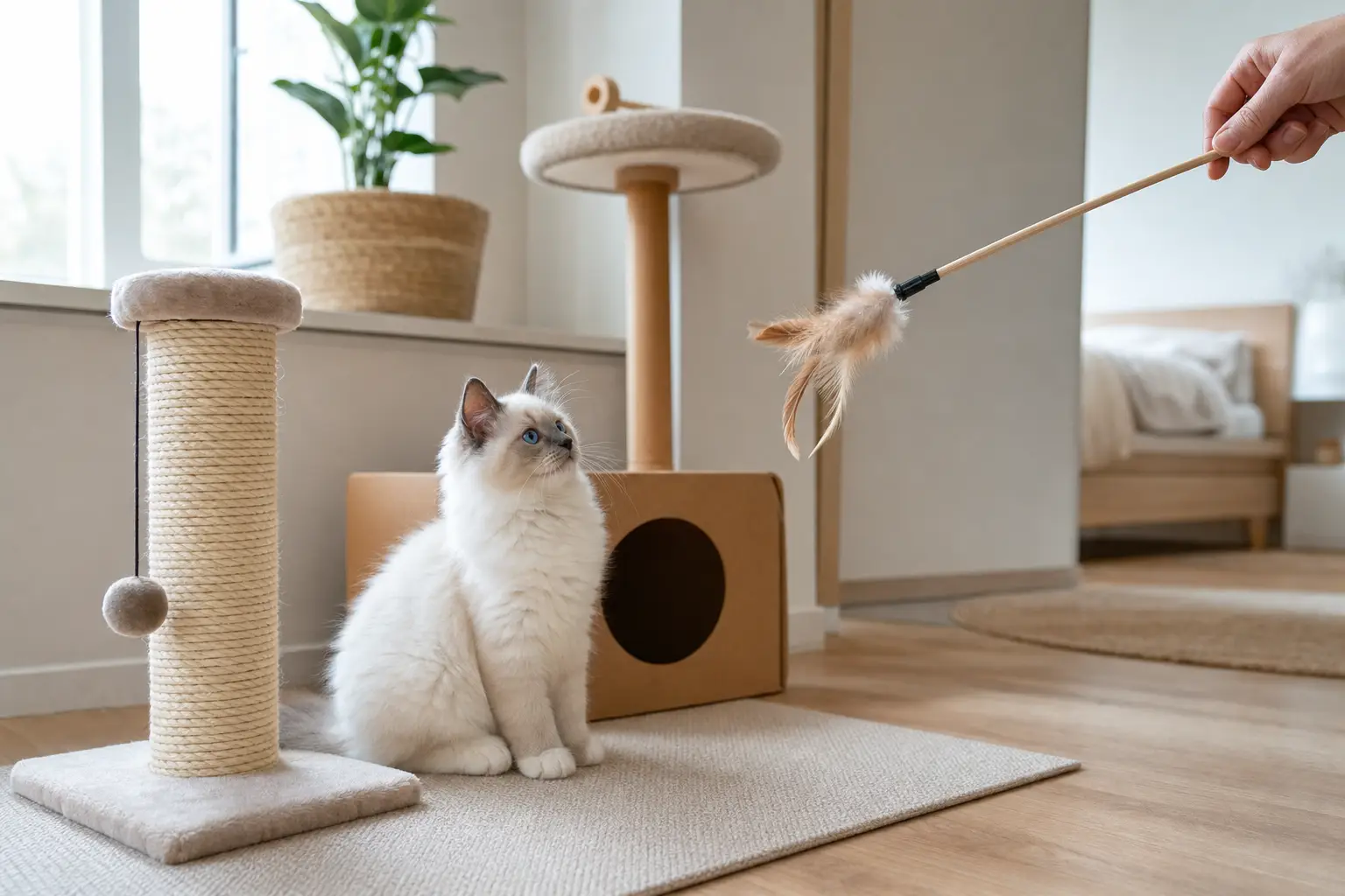 White-and-cream Ragdoll kitten with blue eyes in a compact studio apartment play corner