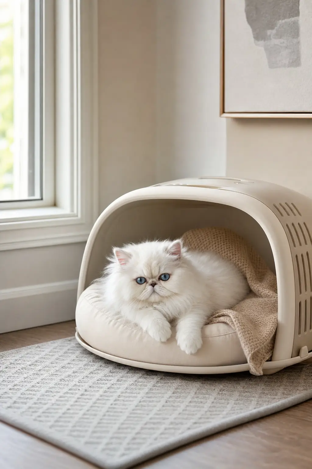 White Persian kitten with blue eyes resting in a washable neutral cozy corner