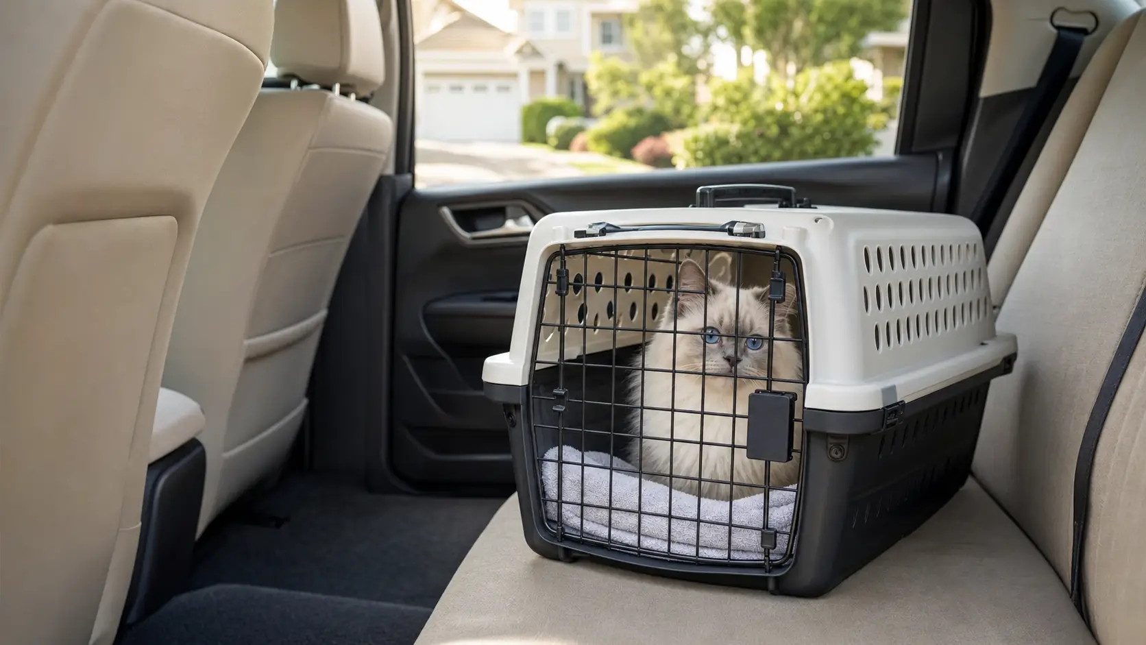 Blue-eyed white Ragdoll kitten calmly sitting in a secured carrier before a short practice car ride