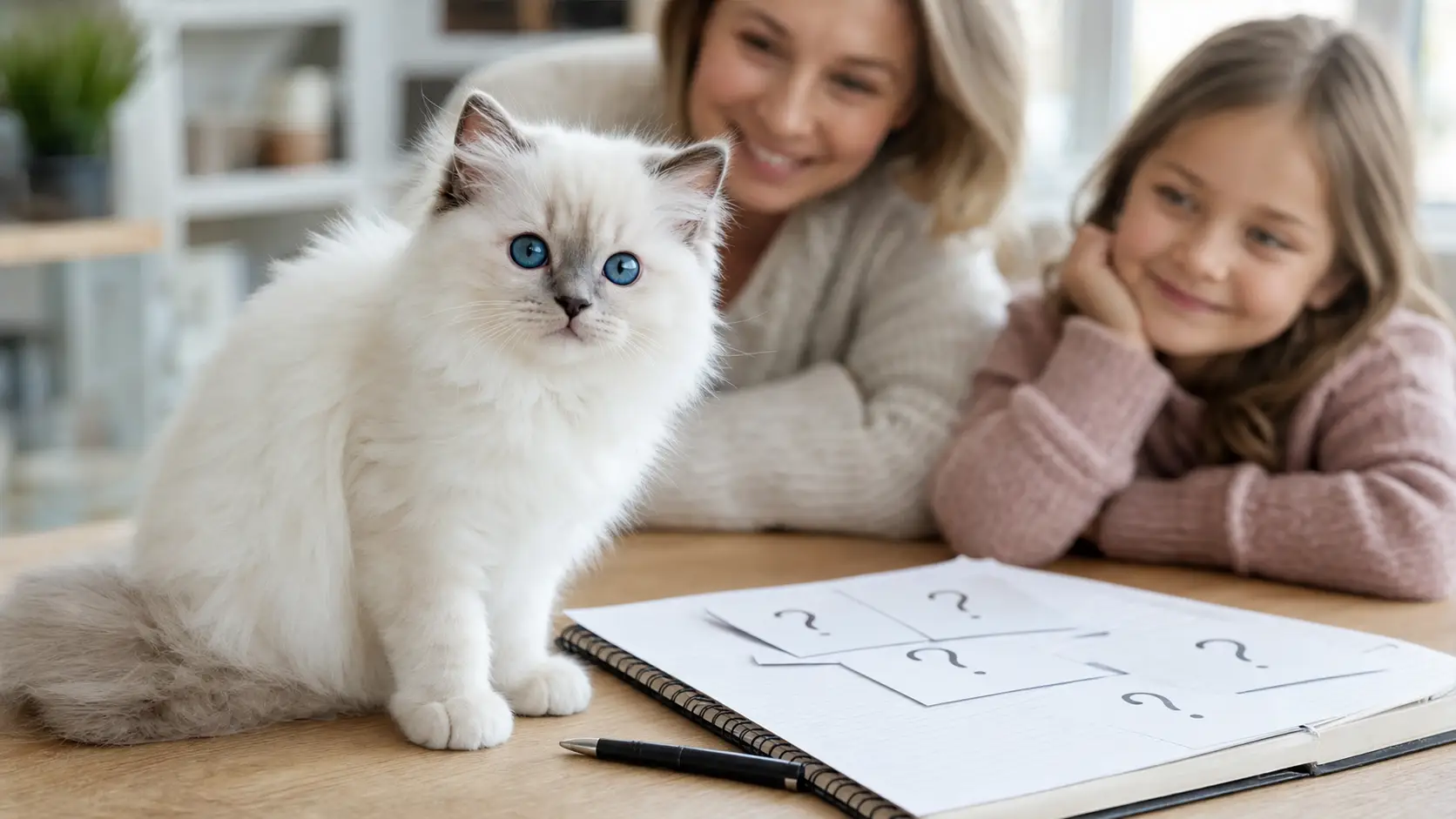 Blue-eyed white Ragdoll kitten beside a child’s breeder question cards