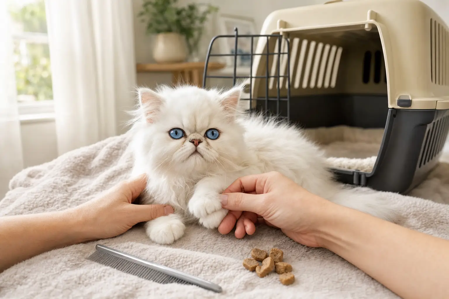 White Persian kitten with blue eyes calmly practicing gentle paw handling beside an open carrier