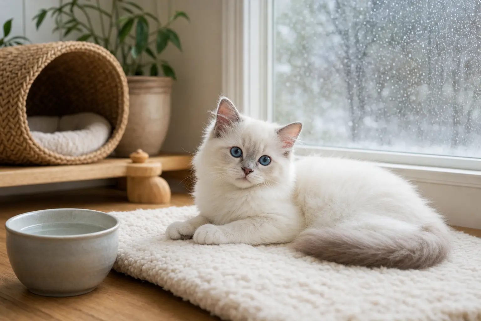 White-furred Ragdoll kitten with blue eyes resting safely indoors during New England weather