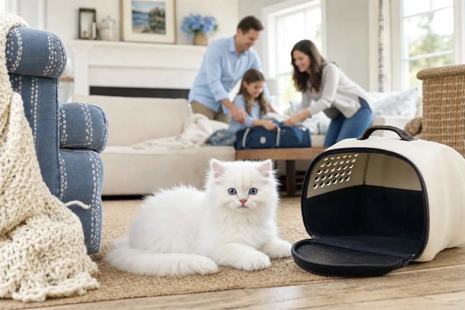 White Persian kitten with blue eyes resting beside a secure carrier during a Connecticut family weekend