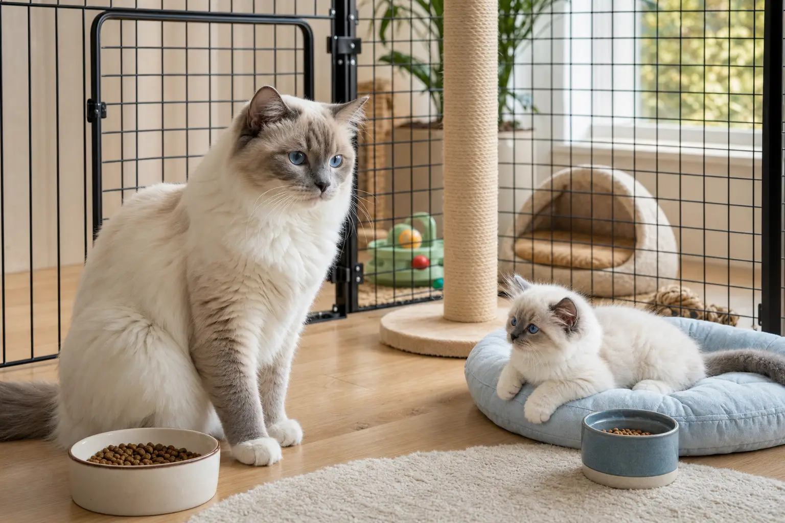 Blue-eyed Ragdoll young adult and white-furred kitten relaxing near a pet gate during a gradual introduction