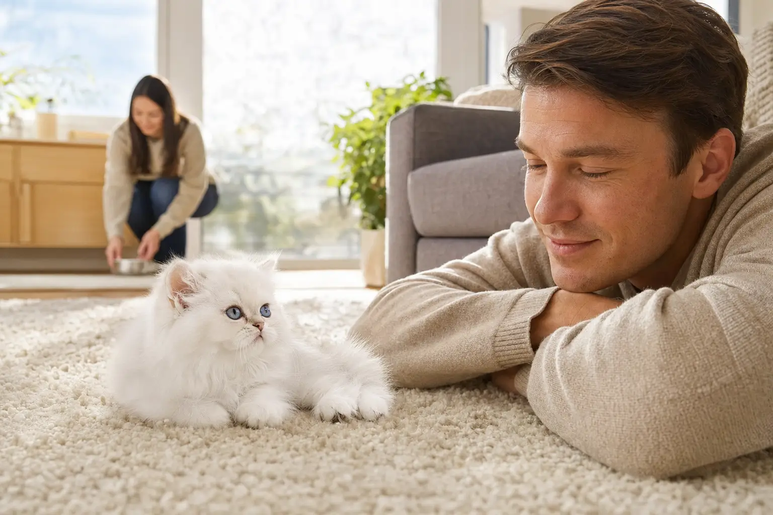White Persian kitten with blue eyes sharing a calm moment with family caregivers