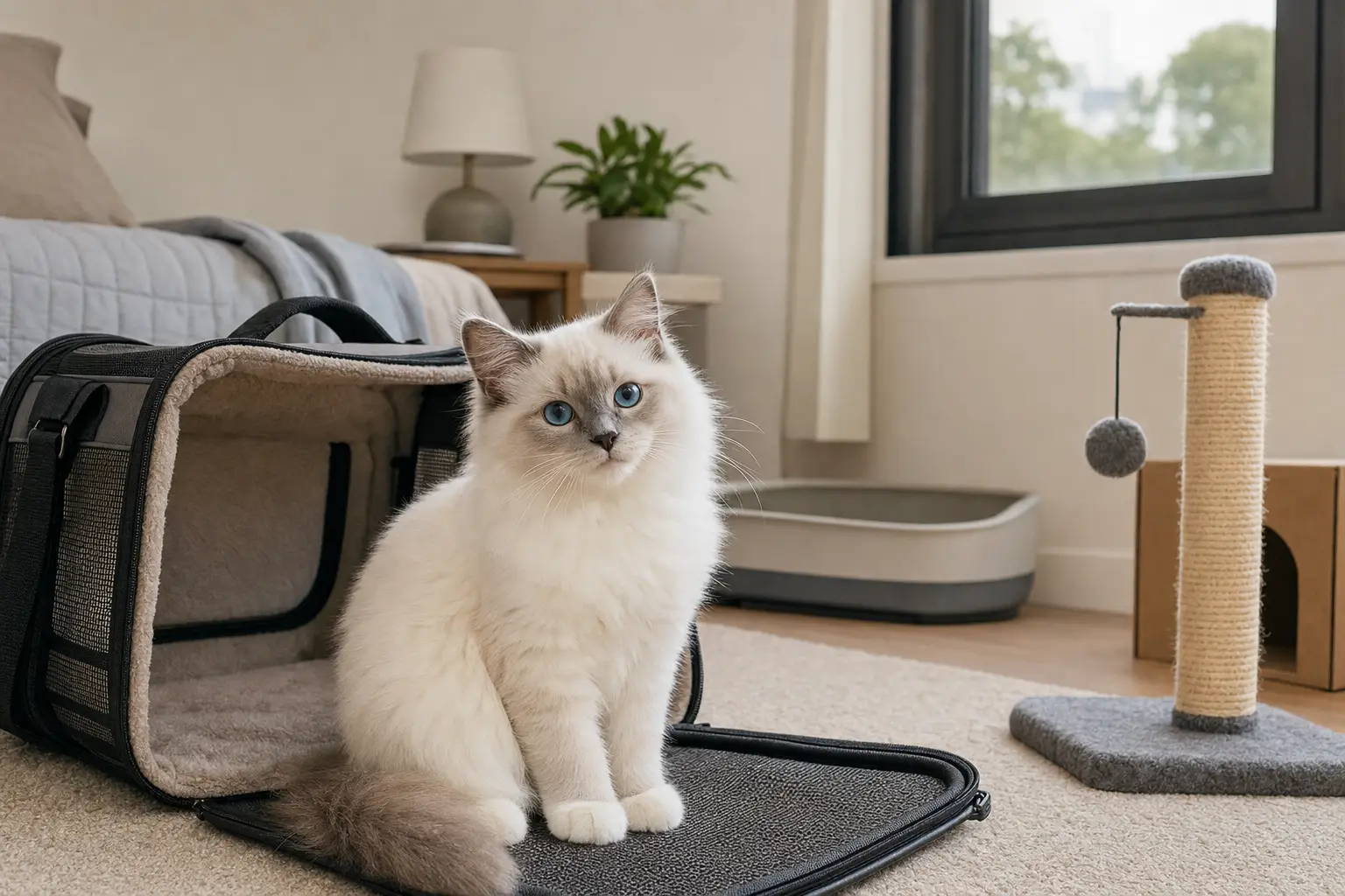 Blue-eyed Ragdoll kitten resting in a calm apartment safe room