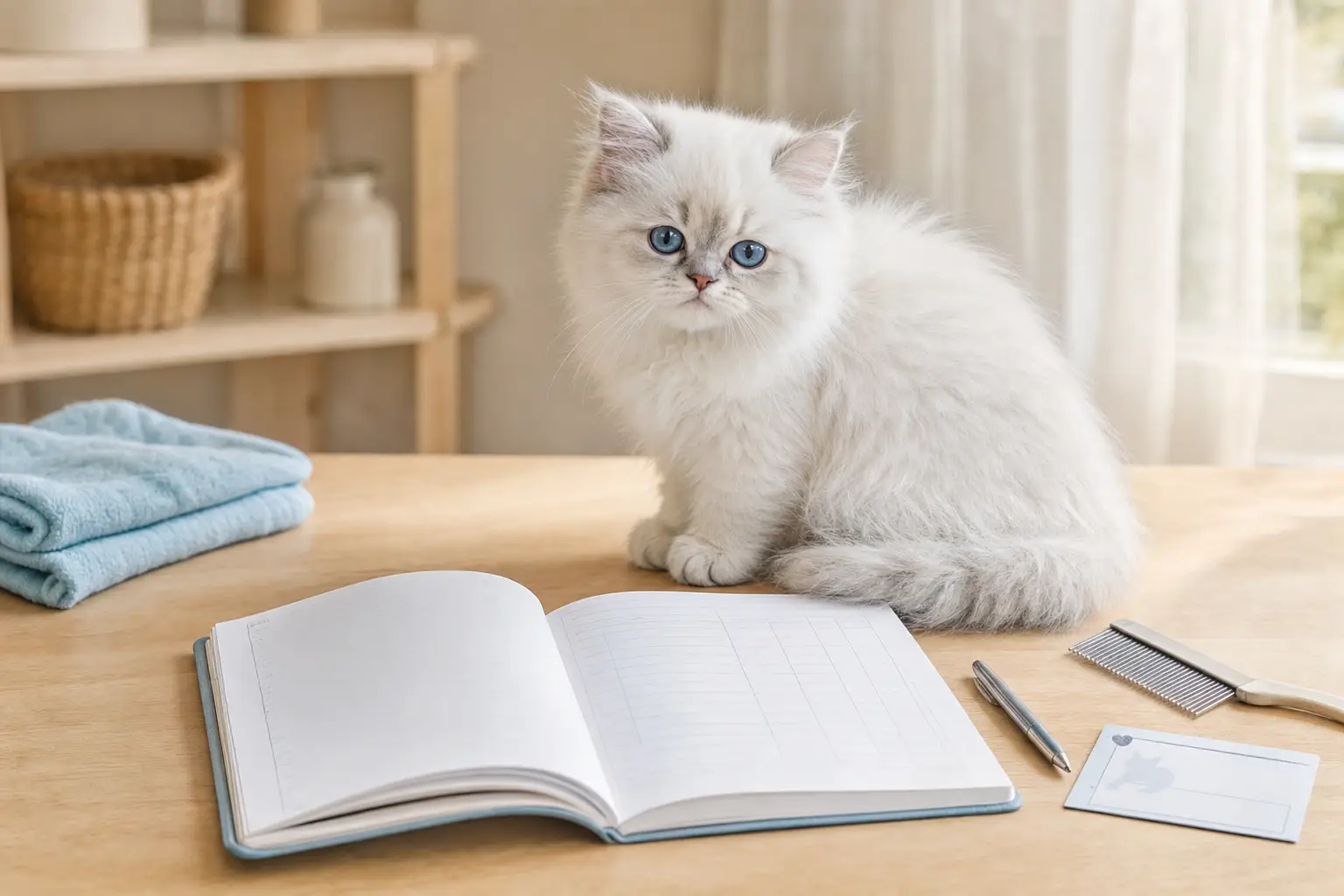 White Persian kitten with blue eyes beside a simple kitten health notebook